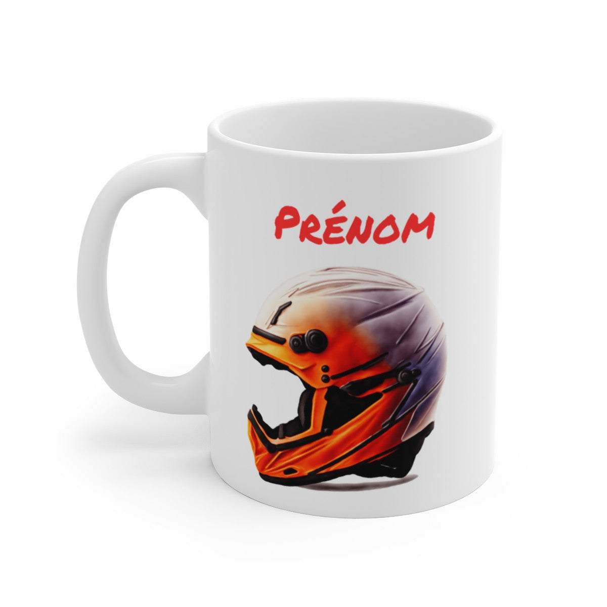 Mug Casque Moto Personnalisé – Prénom Motard – Design Stylisé Orange & Noir