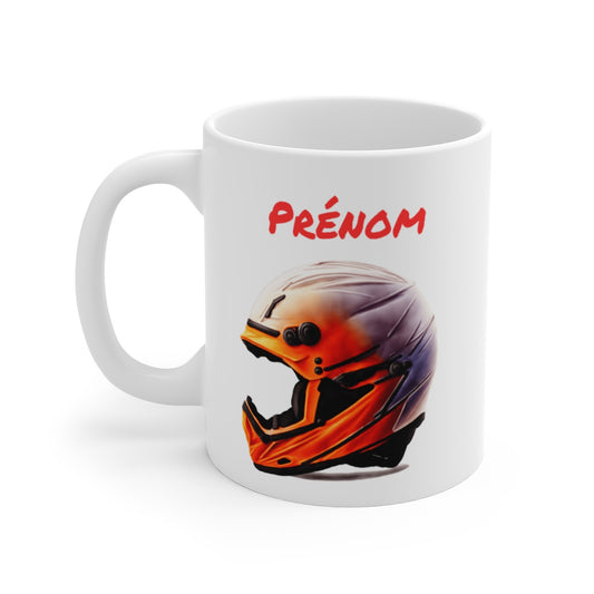 Mug Casque Moto Personnalisé – Prénom Motard – Design Stylisé Orange & Noir