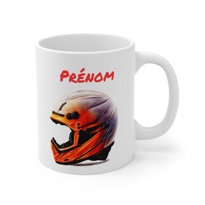 Mug Casque Moto Personnalisé – Prénom Motard – Design Stylisé Orange & Noir