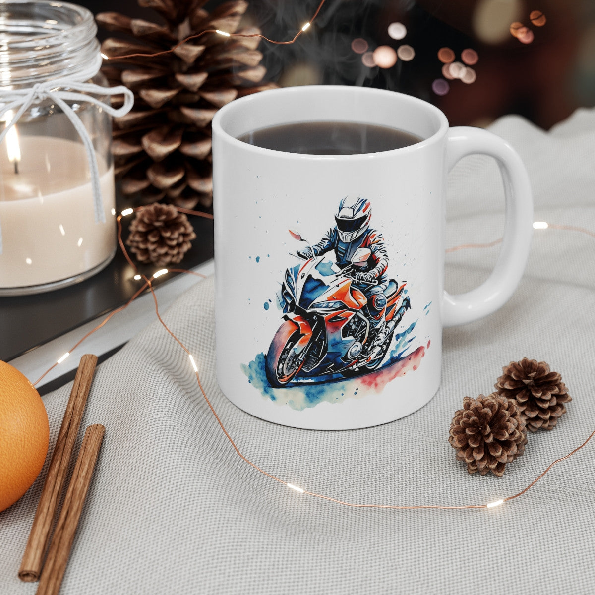 Mug Moto GP – Motard Racing en Action – Design Aquarelle Rouge & Bleu Dynamique