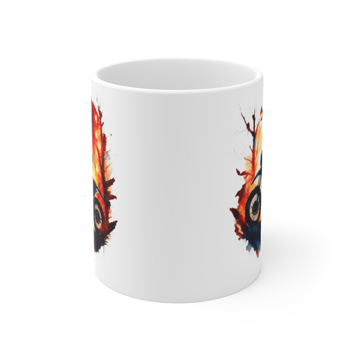Mug Motocross Aventure – Design Enduro Forêt en Flammes – Illustration Aquarelle Intense