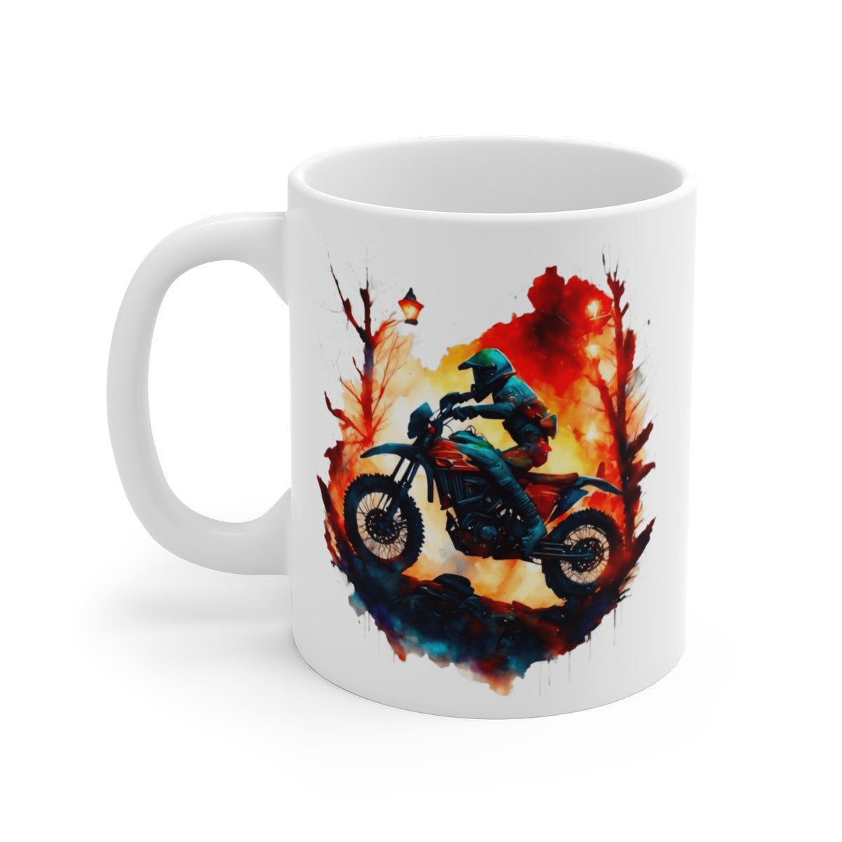 Mug Motocross Aventure – Design Enduro Forêt en Flammes – Illustration Aquarelle Intense