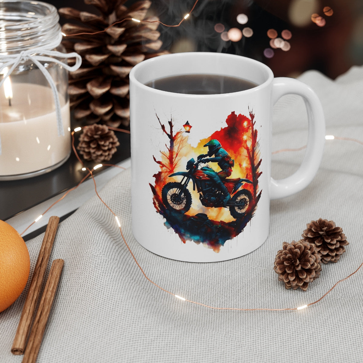 Mug Motocross Aventure – Design Enduro Forêt en Flammes – Illustration Aquarelle Intense