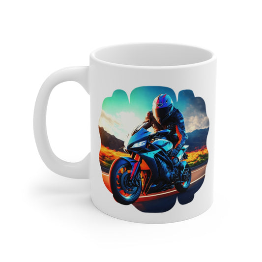 Mug Moto Sport – Design Motard Carénée sur Route Montagneuse – Photo Réaliste Haute Vitesse