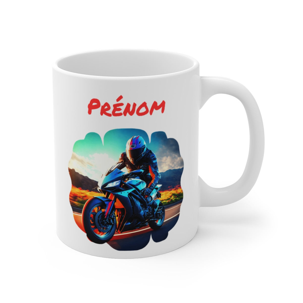 Mug Moto Personnalisable – Motard Sportif sur Route de Montagne – Ajoutez un Prénom