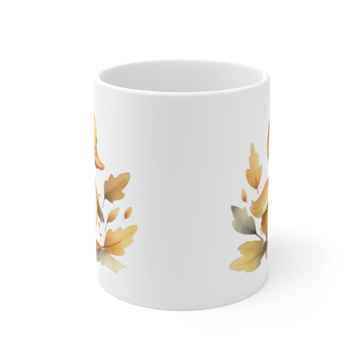 Mug Automnal Canard – Petit Caneton dans les Feuilles – Illustration Aquarelle Tendre et Saisonnière