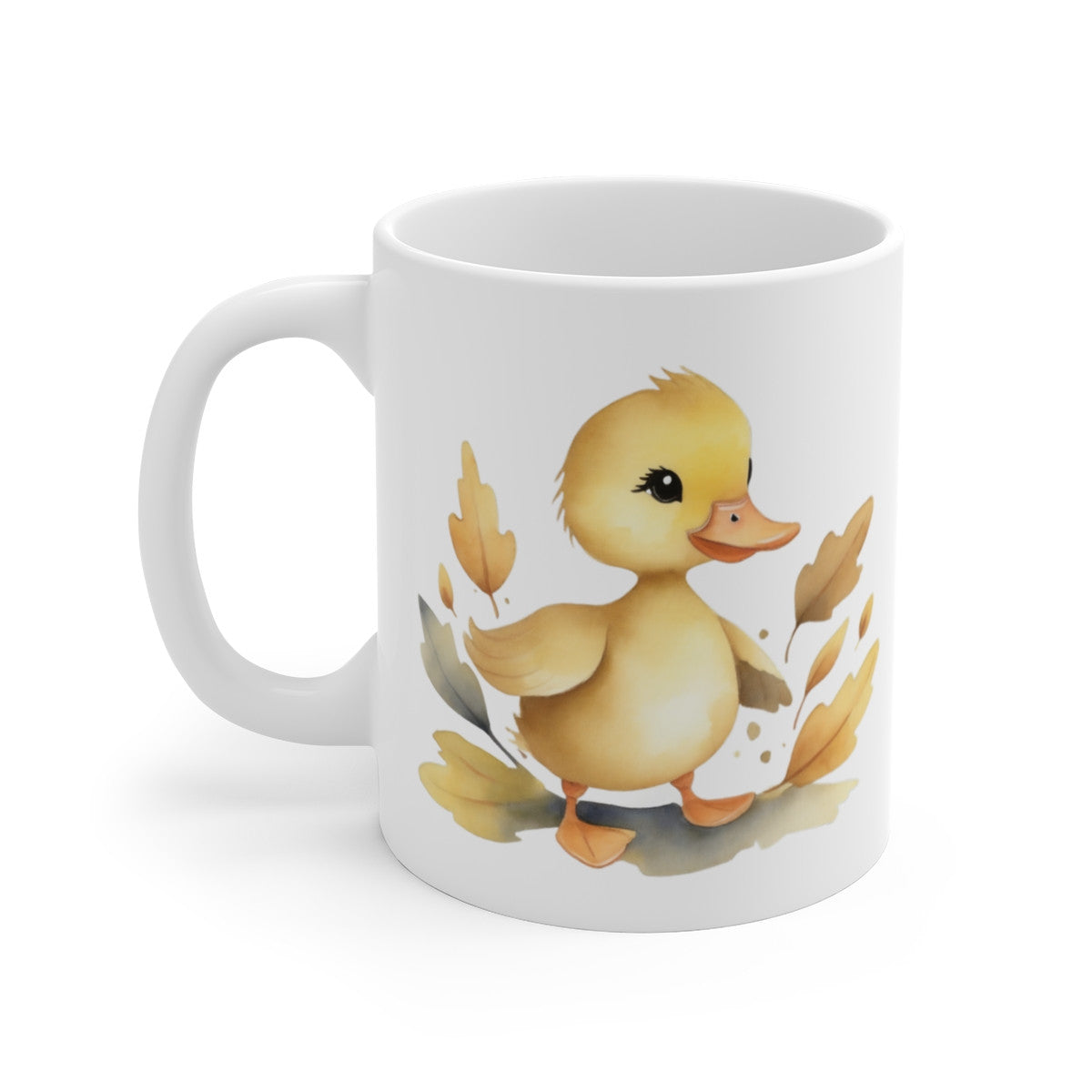 Mug Automnal Canard – Petit Caneton dans les Feuilles – Illustration Aquarelle Tendre et Saisonnière