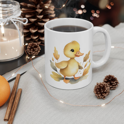 Mug Automnal Canard – Petit Caneton dans les Feuilles – Illustration Aquarelle Tendre et Saisonnière