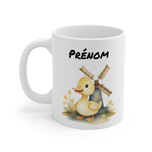 Mug Canard Champêtre – “Prénom Personnalisé” – Petit Caneton Devant un Moulin Fleuri