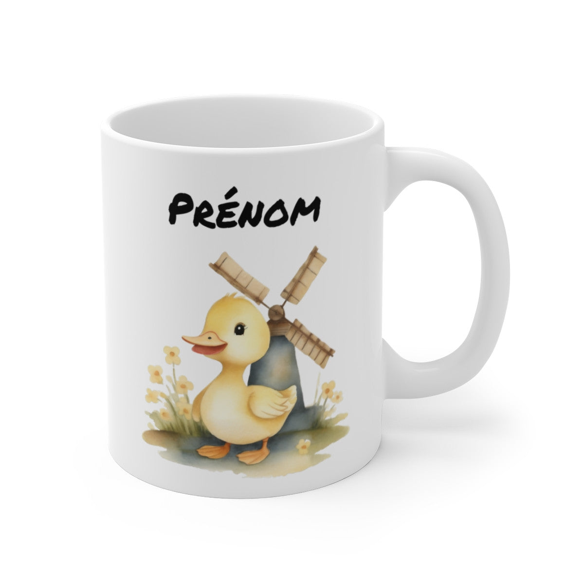 Mug Canard Champêtre – “Prénom Personnalisé” – Petit Caneton Devant un Moulin Fleuri