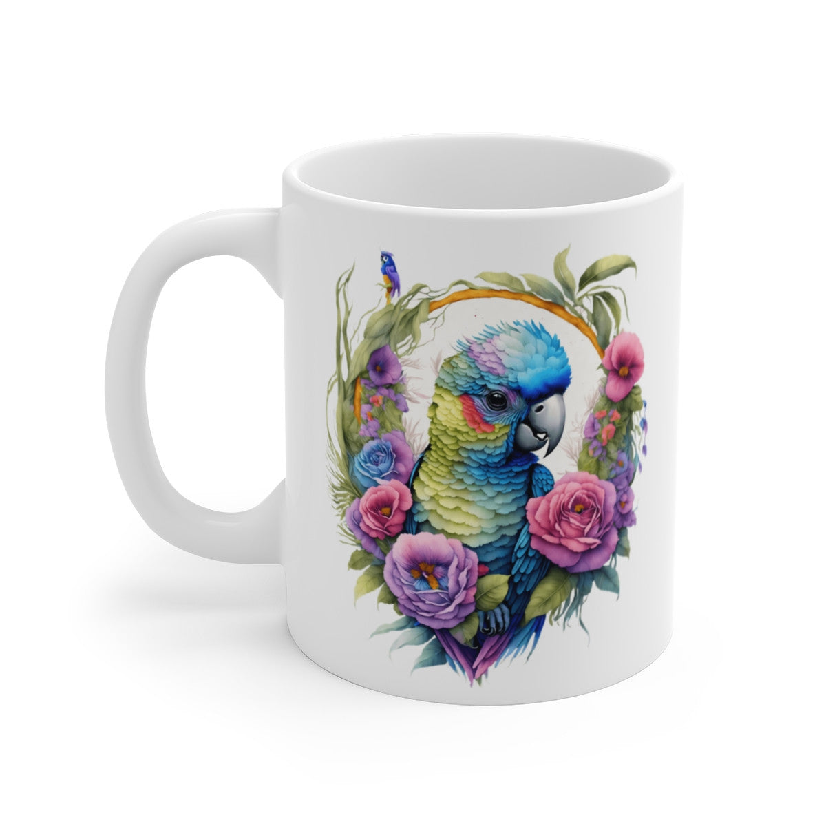 Mug Perroquet Coloré – Illustration Oiseau Exotique avec Fleurs Tropicales – Style Artistique Élégant