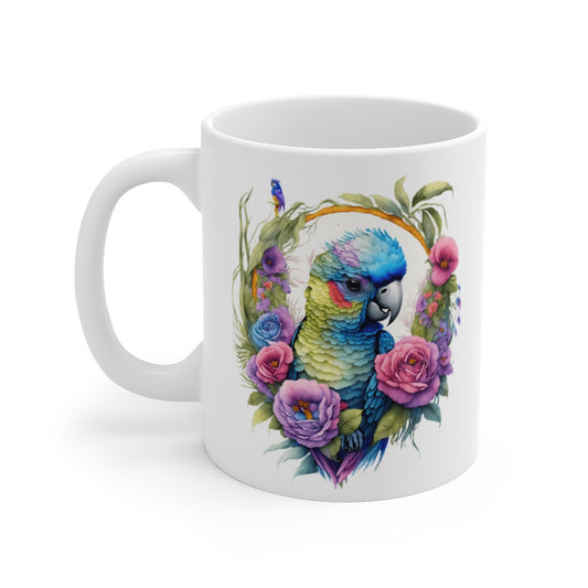 Mug Perroquet Coloré – Illustration Oiseau Exotique avec Fleurs Tropicales – Style Artistique Élégant