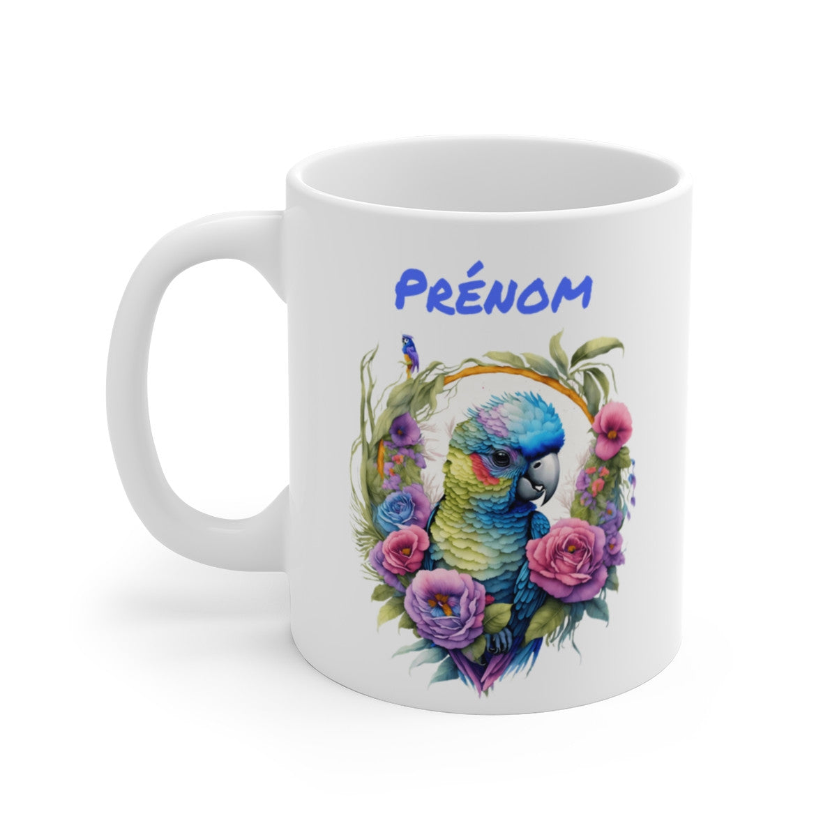 Mug Perroquet Tropical Personnalisé – Prénom au choix – Oiseau Exotique & Fleurs Bohèmes
