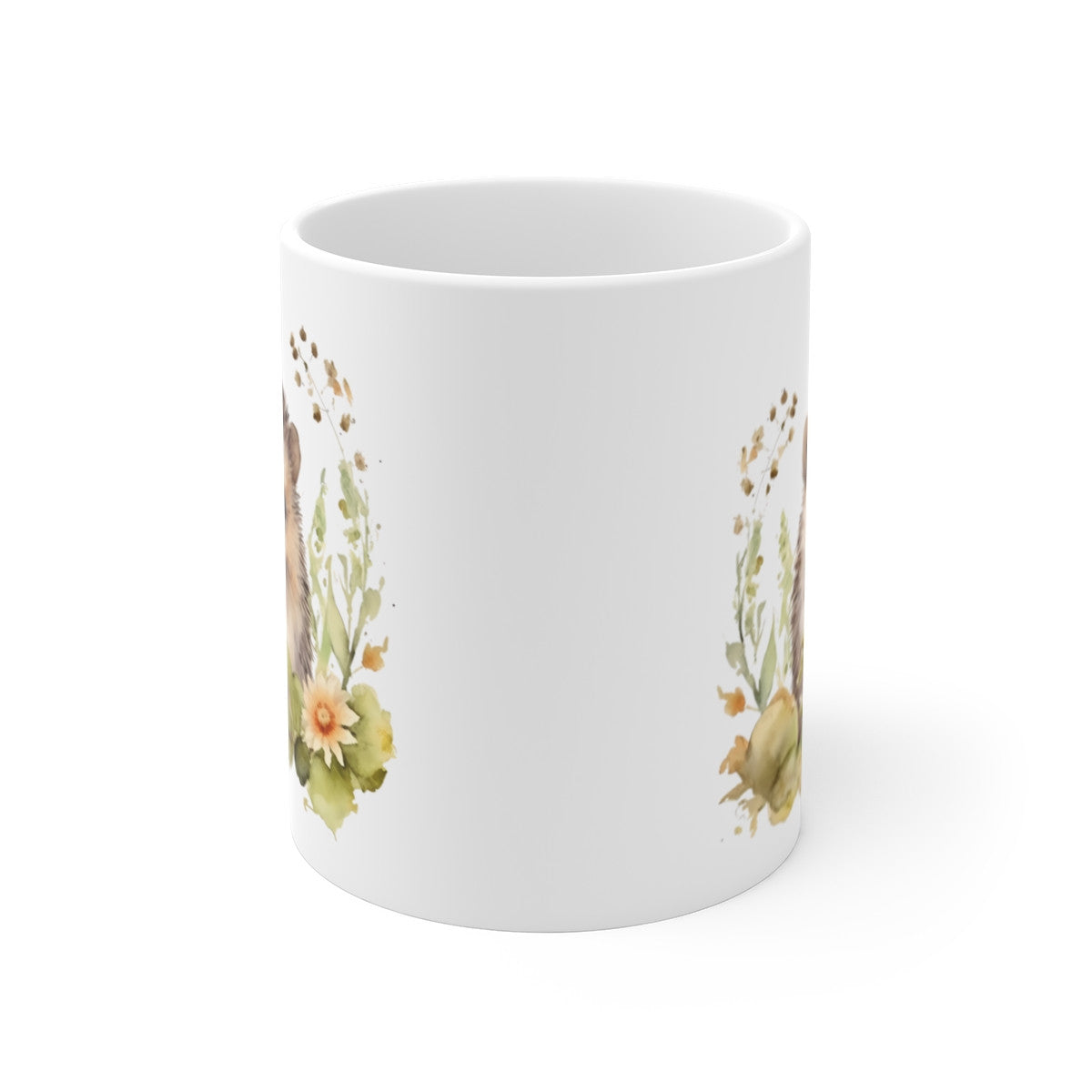 Mug Hérisson Champêtre – Illustration Aquarelle Fleurs Pastel – Design Doux et Nature