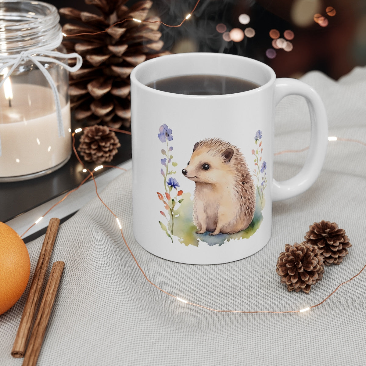 Mug Hérisson Aquarelle – Design Doux au Jardin Fleuri – Illustration Nature Poétique