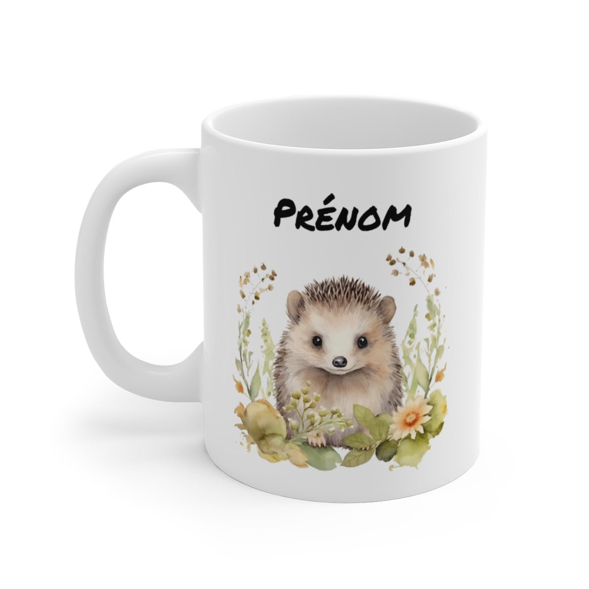 Mug Personnalisé Hérisson – Illustration Aquarelle Fleurs Nature Douce