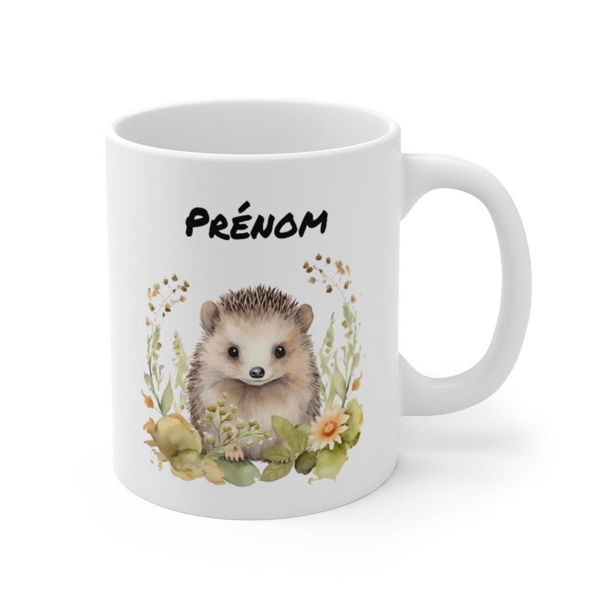 Mug Personnalisé Hérisson – Illustration Aquarelle Fleurs Nature Douce