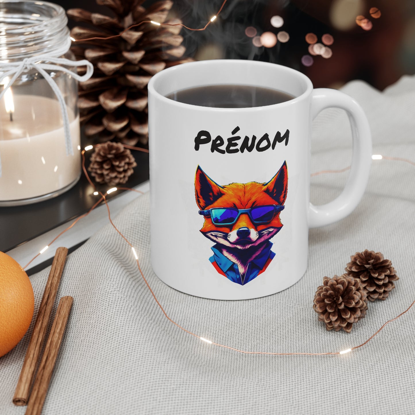 Mug Personnalisé Renard Stylisé 325ml – Tasse Céramique Prénom Animal Cool avec Lunettes – Cadeau Design Moderne