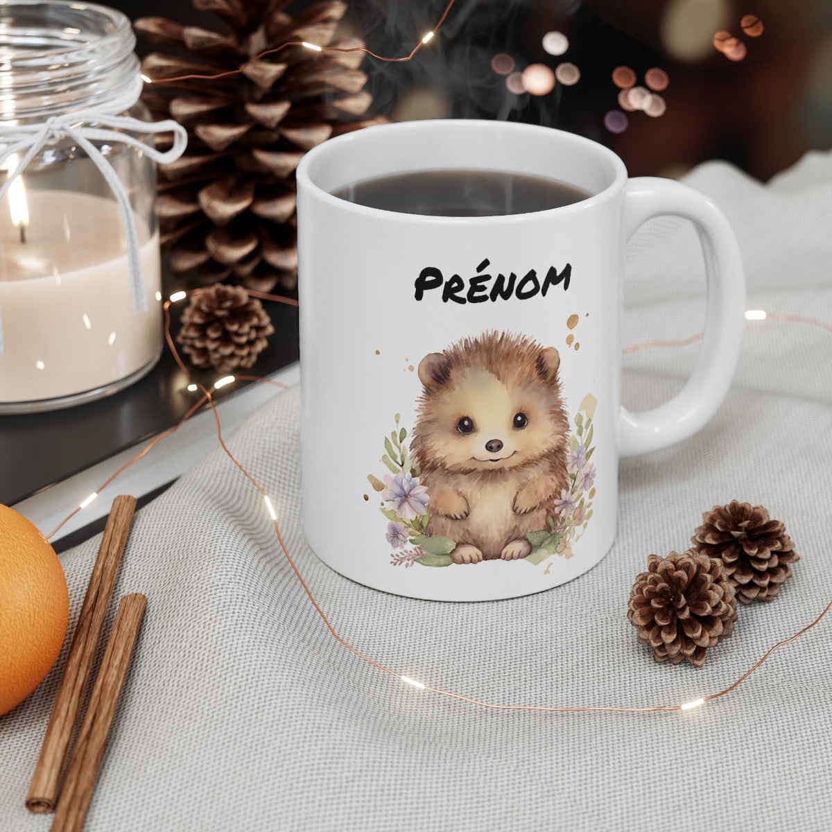 Mug Personnalisé Hérisson Mignon – Illustration Aquarelle Florale – Design Doux et Attendrissant