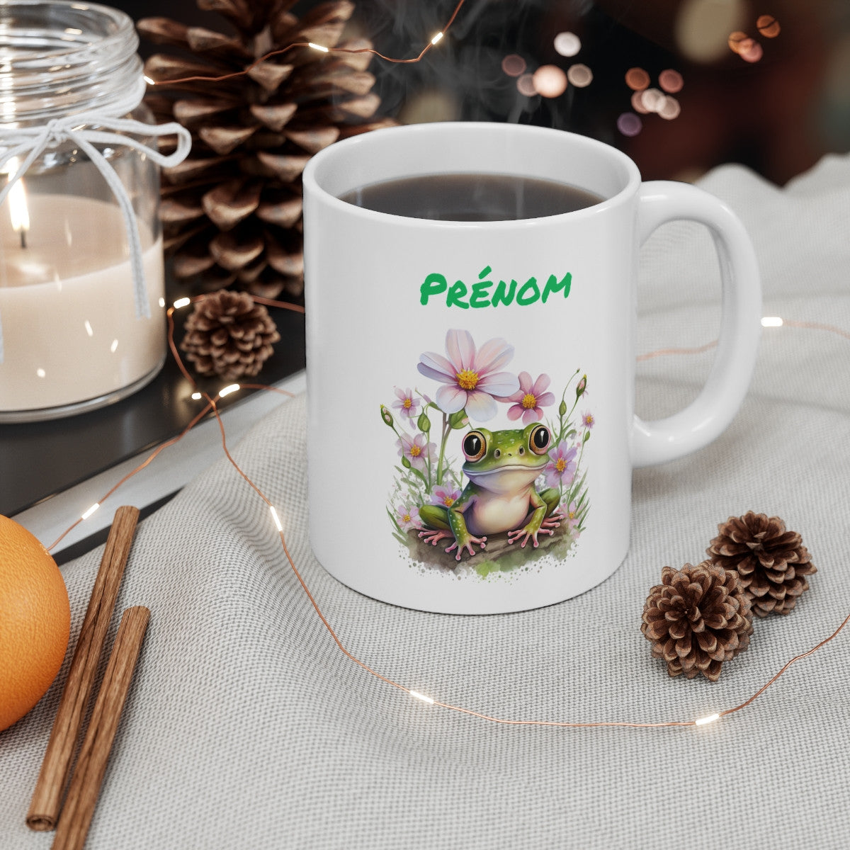 Tasse Personnalisable Grenouille Fleurs – Mug Prénom Aquarelle Cadeau Nature Mignon 325ml