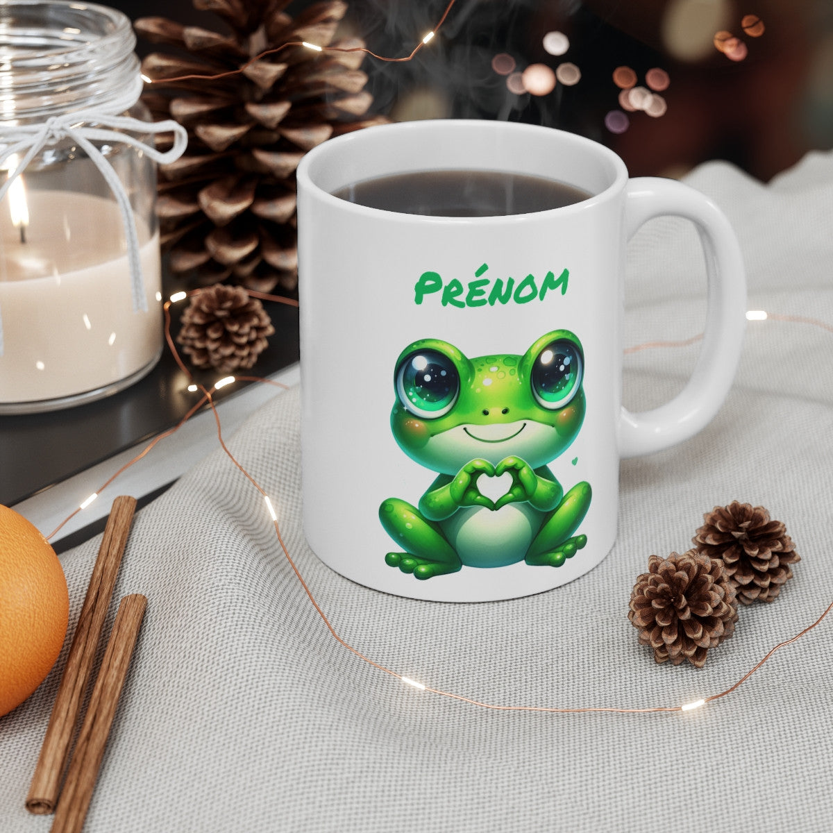 Tasse Personnalisable Grenouille Cœur – Mug Prénom Kawaii Aquarelle Cadeau Mignon Amour 325ml