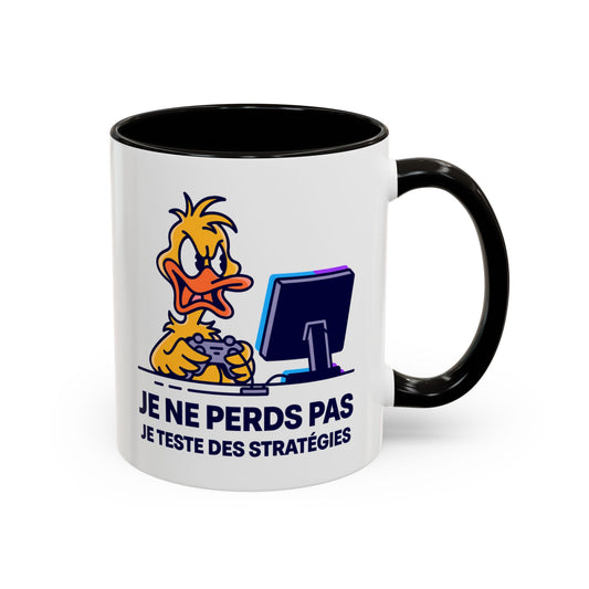 Mug Gamer Humour Canard – Je Ne Perds Pas Je Teste Des Stratégies – Tasse Gaming Drôle Console Jeux Vidéo – Cadeau Gamer Homme Femme – Céramique 325ml Noir Bleu Rouge