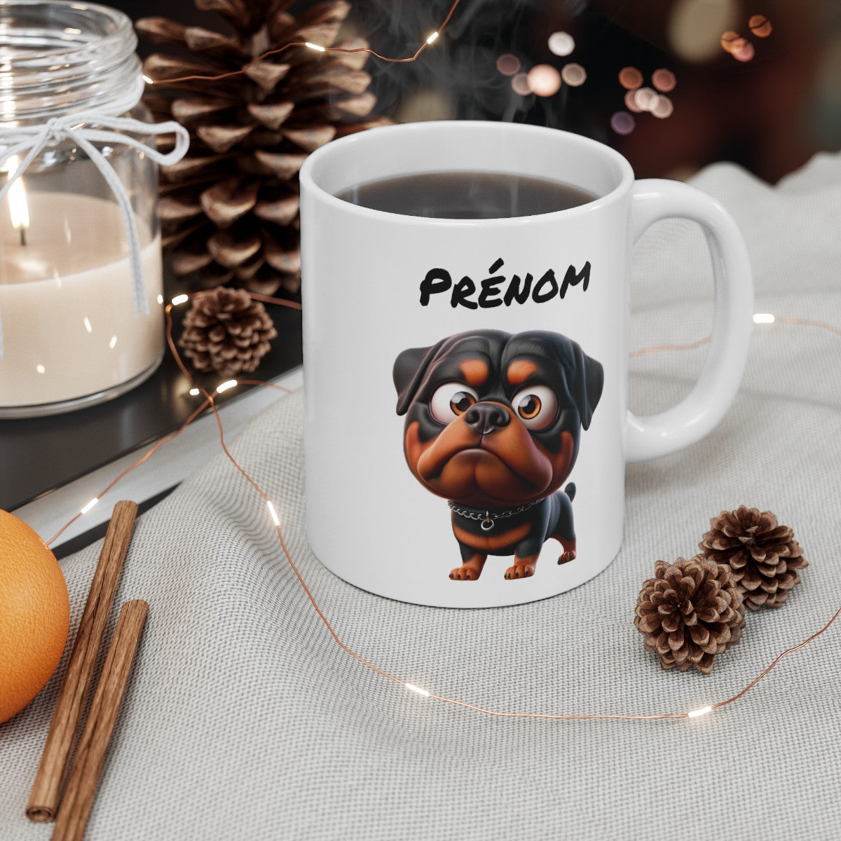 Tasse Rottweiler Personnalisée avec Prénom – Mug Chien Noir et Feu Cartoon – Idée Cadeau Amoureux de Chiens