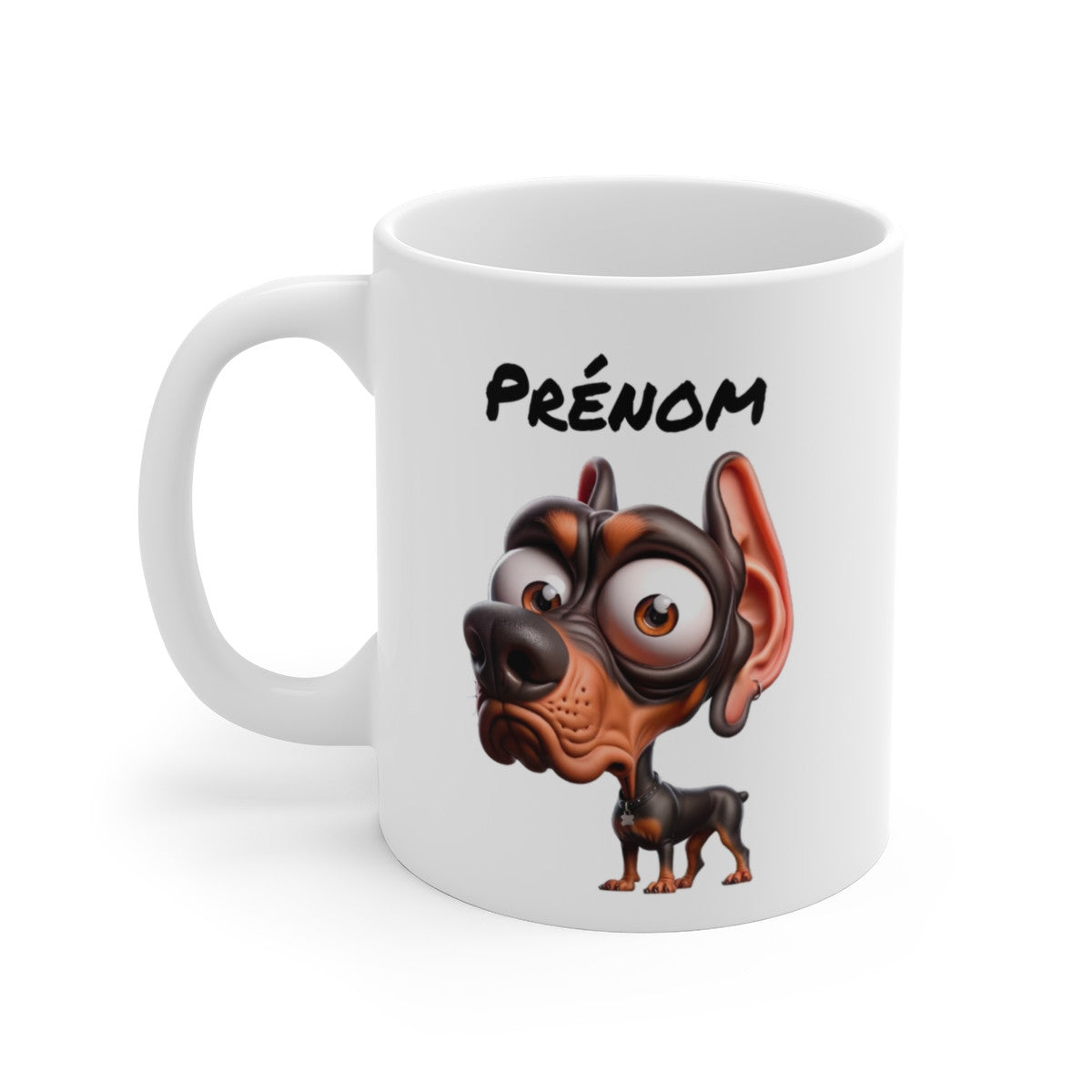 Tasse Doberman Personnalisée avec Prénom – Mug Chien Noir et Feu Cartoon – Idée Cadeau Maître de Dobermann