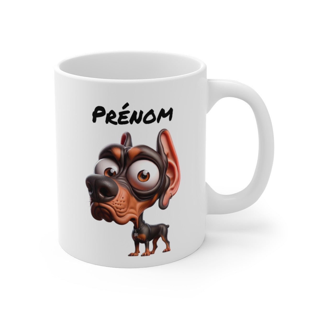 Tasse Doberman Personnalisée avec Prénom – Mug Chien Noir et Feu Cartoon – Idée Cadeau Maître de Dobermann
