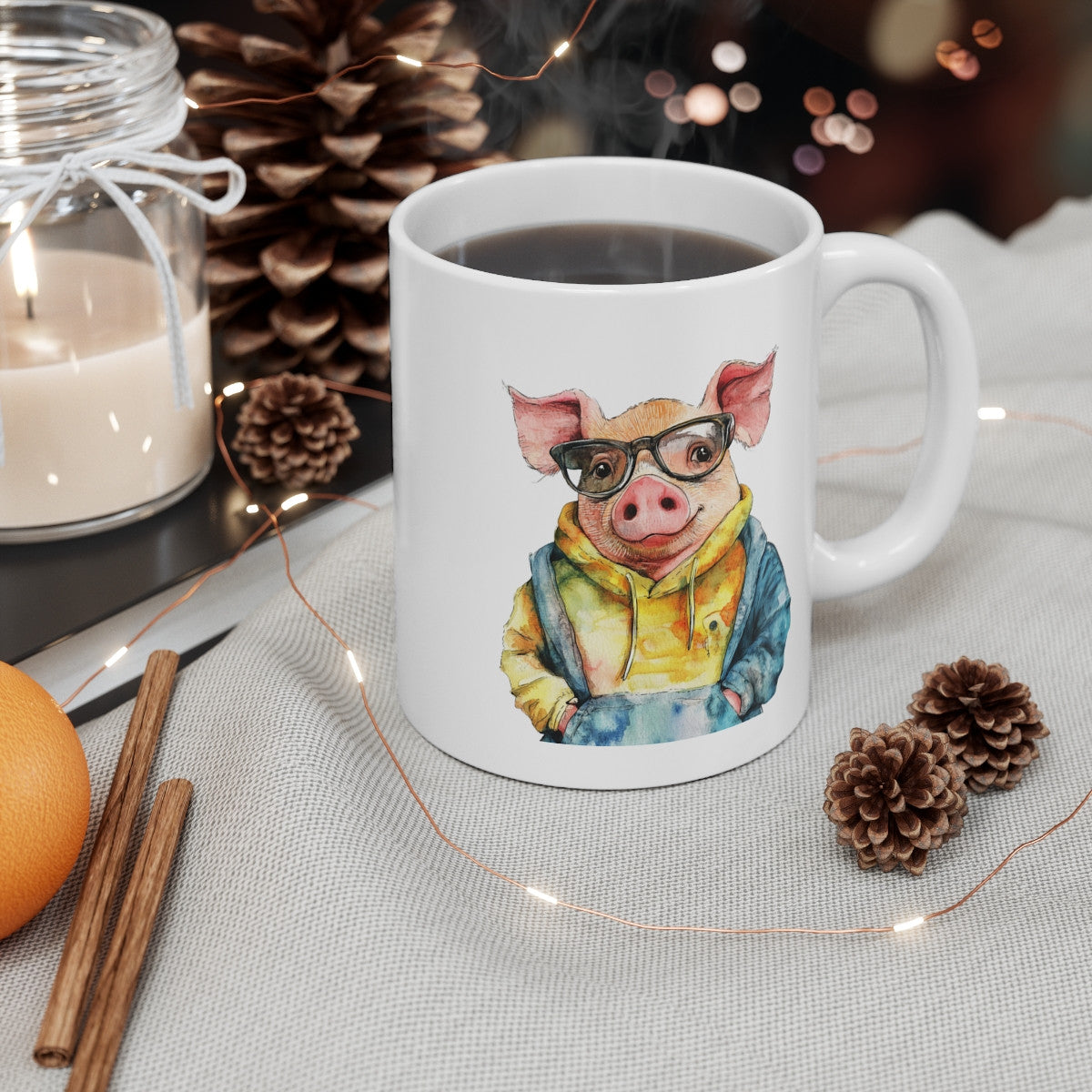 Mug Cochon Hipster – Tasse Style Aquarelle avec Cochon en Sweat à Capuche – Cadeau Original et Tendance