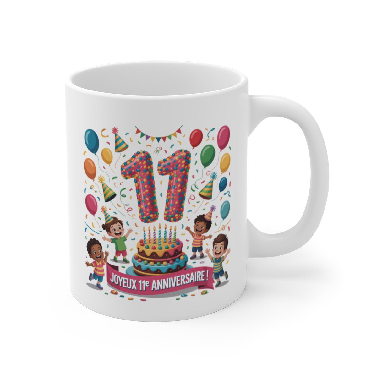 Mug Joyeux Anniversaire 11 Ans – Tasse Enfant avec Gâteau et Ballons – Cadeau Fête Colorée