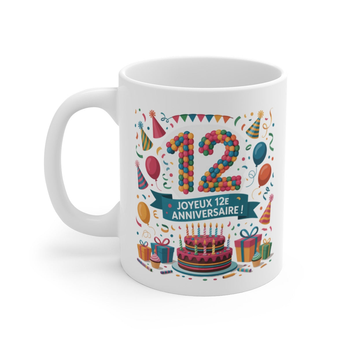 Mug Joyeux Anniversaire 12 Ans – Tasse Festive avec Gâteau et Ballons – Cadeau Coloré pour Enfant