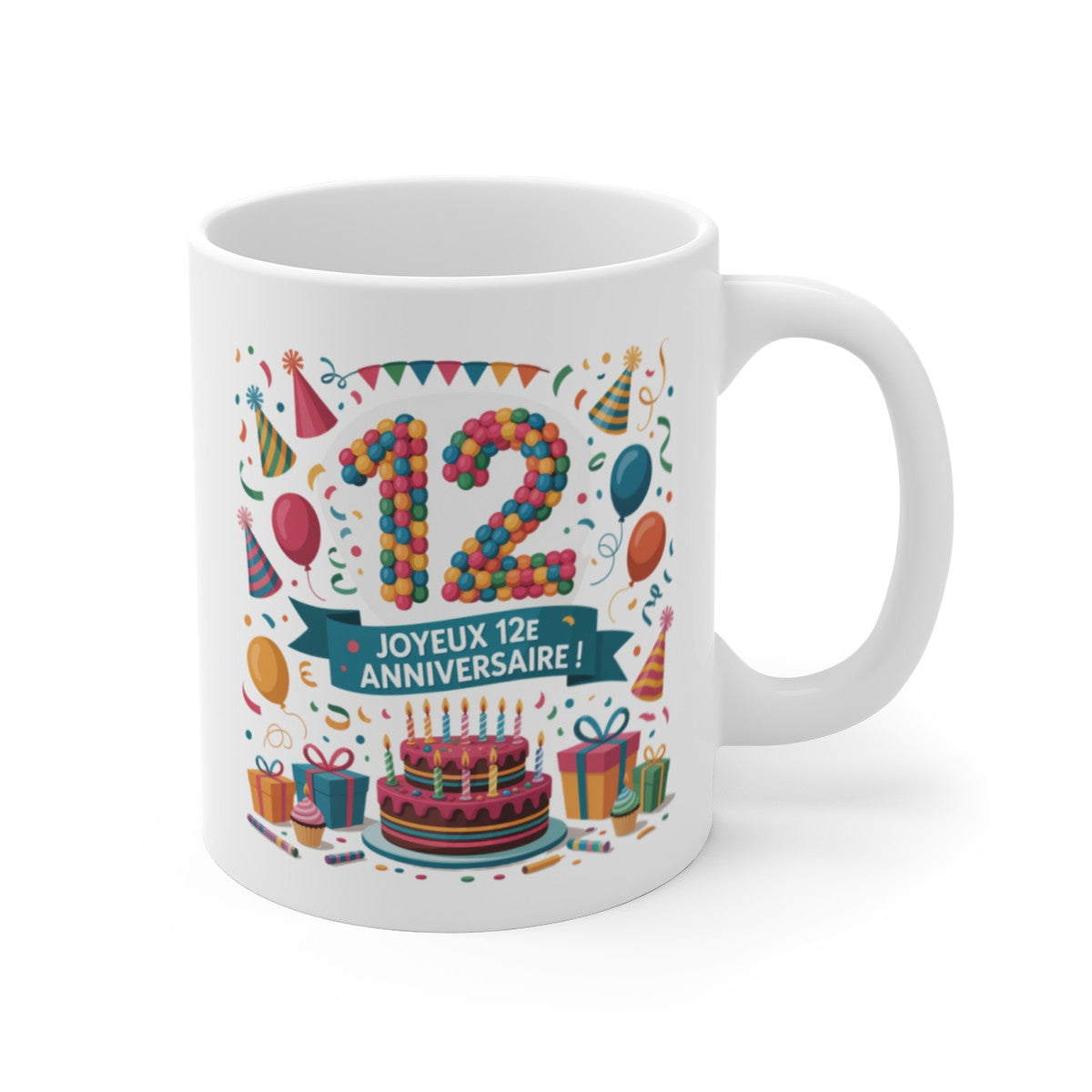 Mug Joyeux Anniversaire 12 Ans – Tasse Festive avec Gâteau et Ballons – Cadeau Coloré pour Enfant