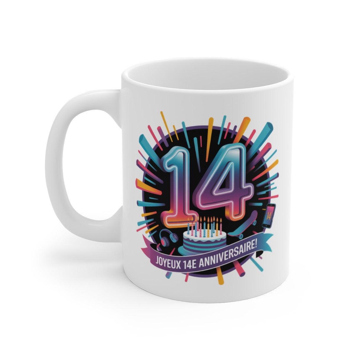 Mug Joyeux Anniversaire 14 Ans – Tasse Ado Cool avec Gâteau, Skate et Casque – Cadeau Fun pour Ado Garçon ou Fille
