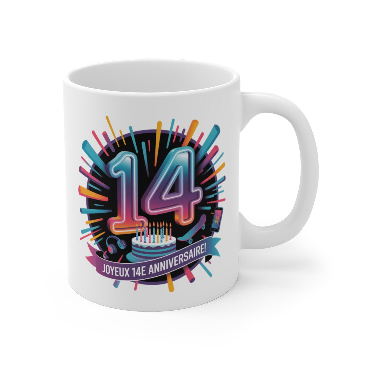 Mug Joyeux Anniversaire 14 Ans – Tasse Ado Cool avec Gâteau, Skate et Casque – Cadeau Fun pour Ado Garçon ou Fille