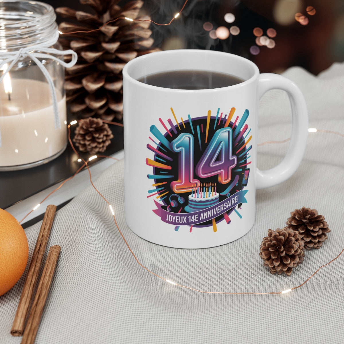 Mug Joyeux Anniversaire 14 Ans – Tasse Ado Cool avec Gâteau, Skate et Casque – Cadeau Fun pour Ado Garçon ou Fille
