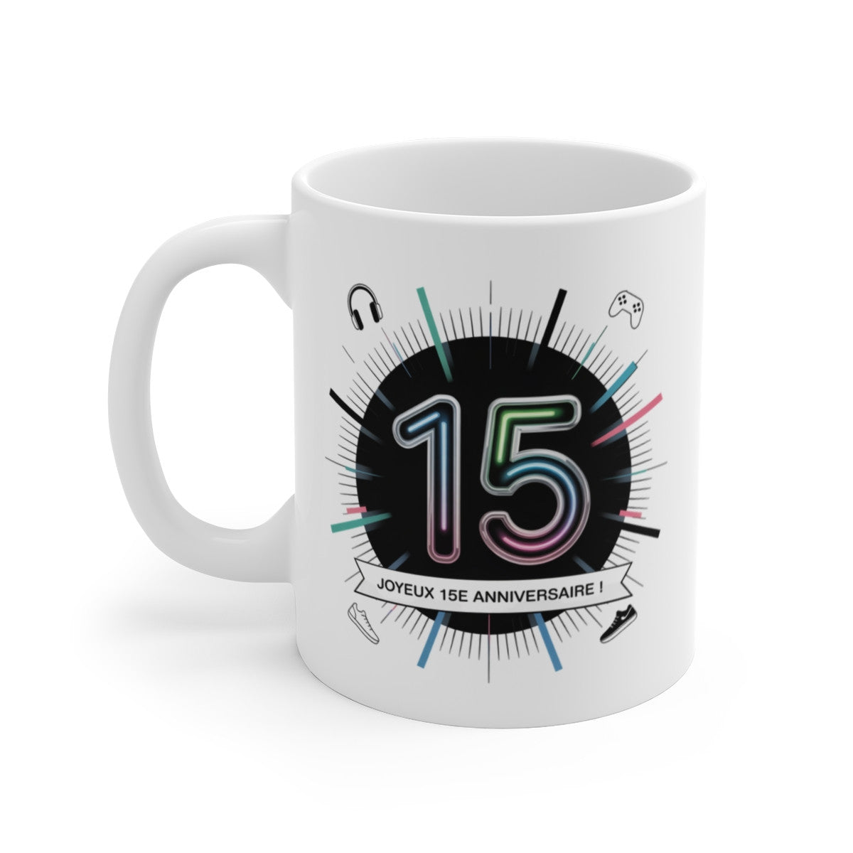 Mug Joyeux 15e Anniversaire – Tasse Ado Design Néon – Cadeau Stylé pour Fille ou Garçon de 15 Ans