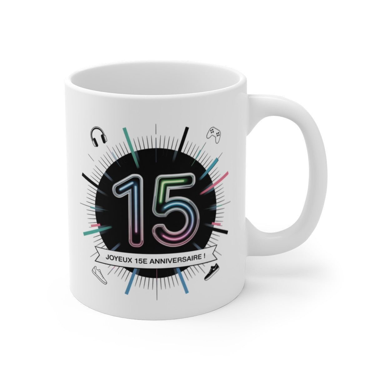 Mug Joyeux 15e Anniversaire – Tasse Ado Design Néon – Cadeau Stylé pour Fille ou Garçon de 15 Ans