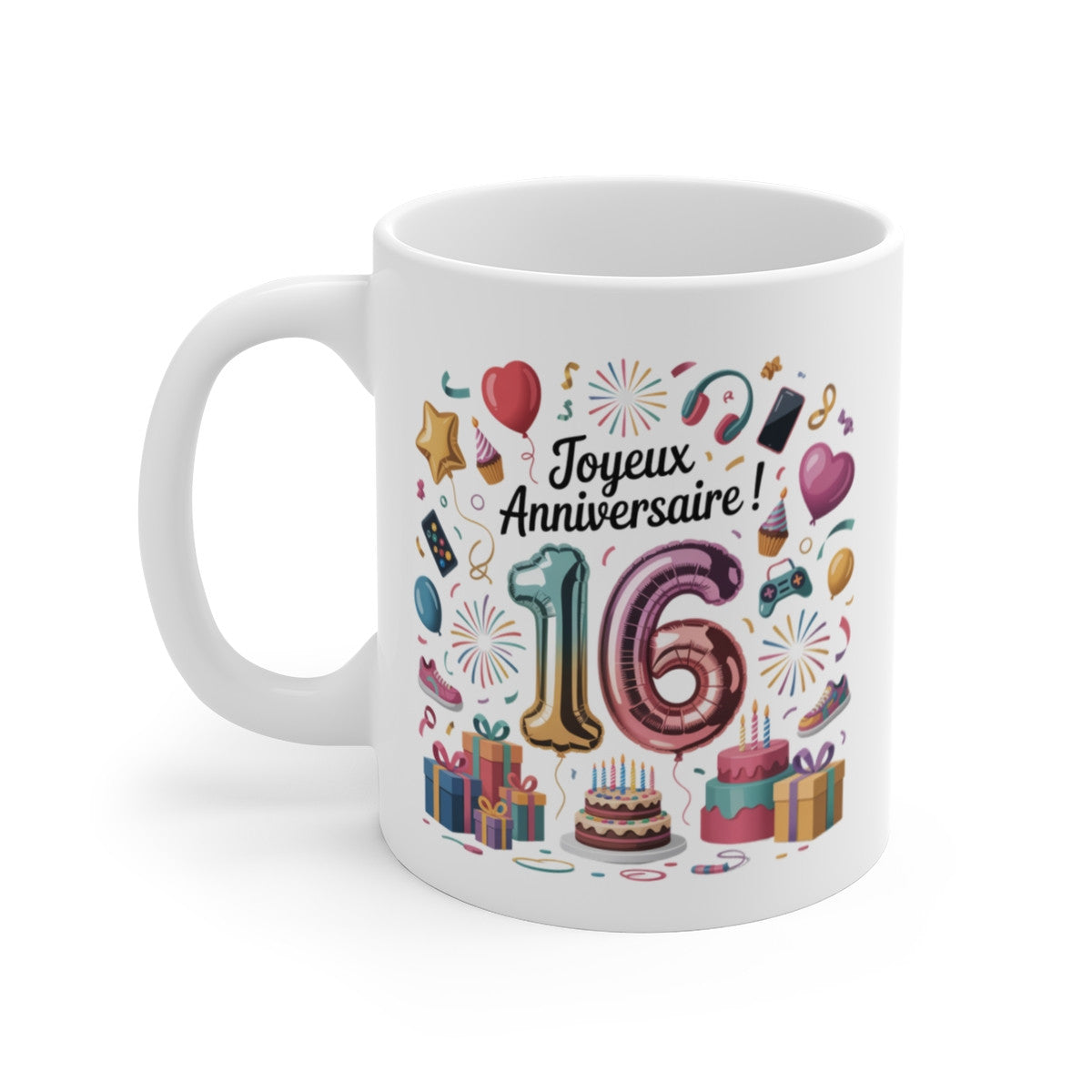 Mug Joyeux 16e Anniversaire – Tasse Ballons & Cadeaux pour Ado – Cadeau Fun et Coloré 16 Ans