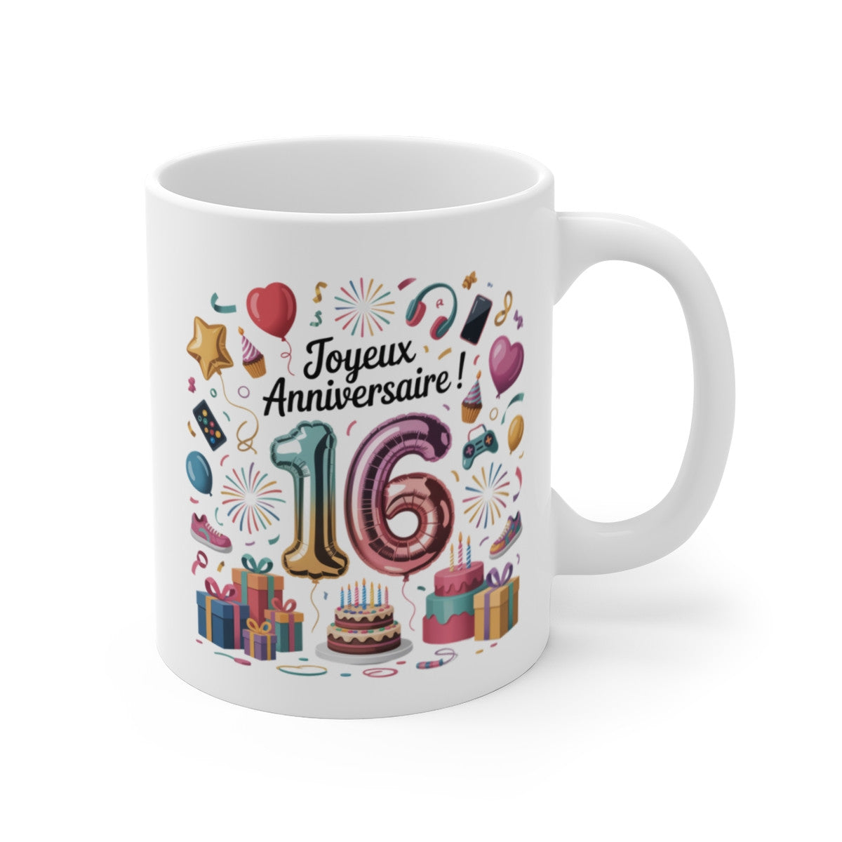 Mug Joyeux 16e Anniversaire – Tasse Ballons & Cadeaux pour Ado – Cadeau Fun et Coloré 16 Ans