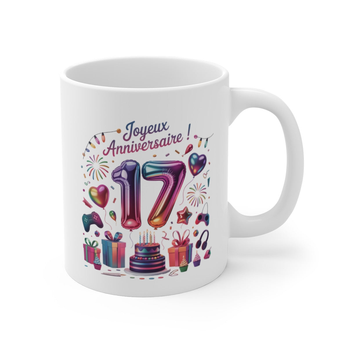 Tasse 17 Ans Joyeux Anniversaire – Mug Ado Garçon ou Fille – Design Fête avec Ballons Métallisés & Cadeaux