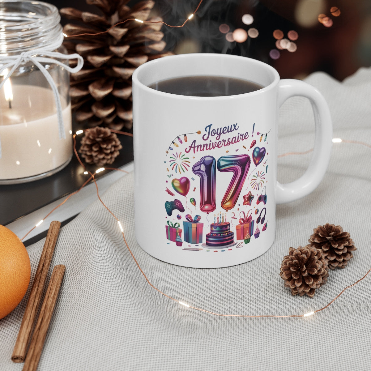 Tasse 17 Ans Joyeux Anniversaire – Mug Ado Garçon ou Fille – Design Fête avec Ballons Métallisés & Cadeaux