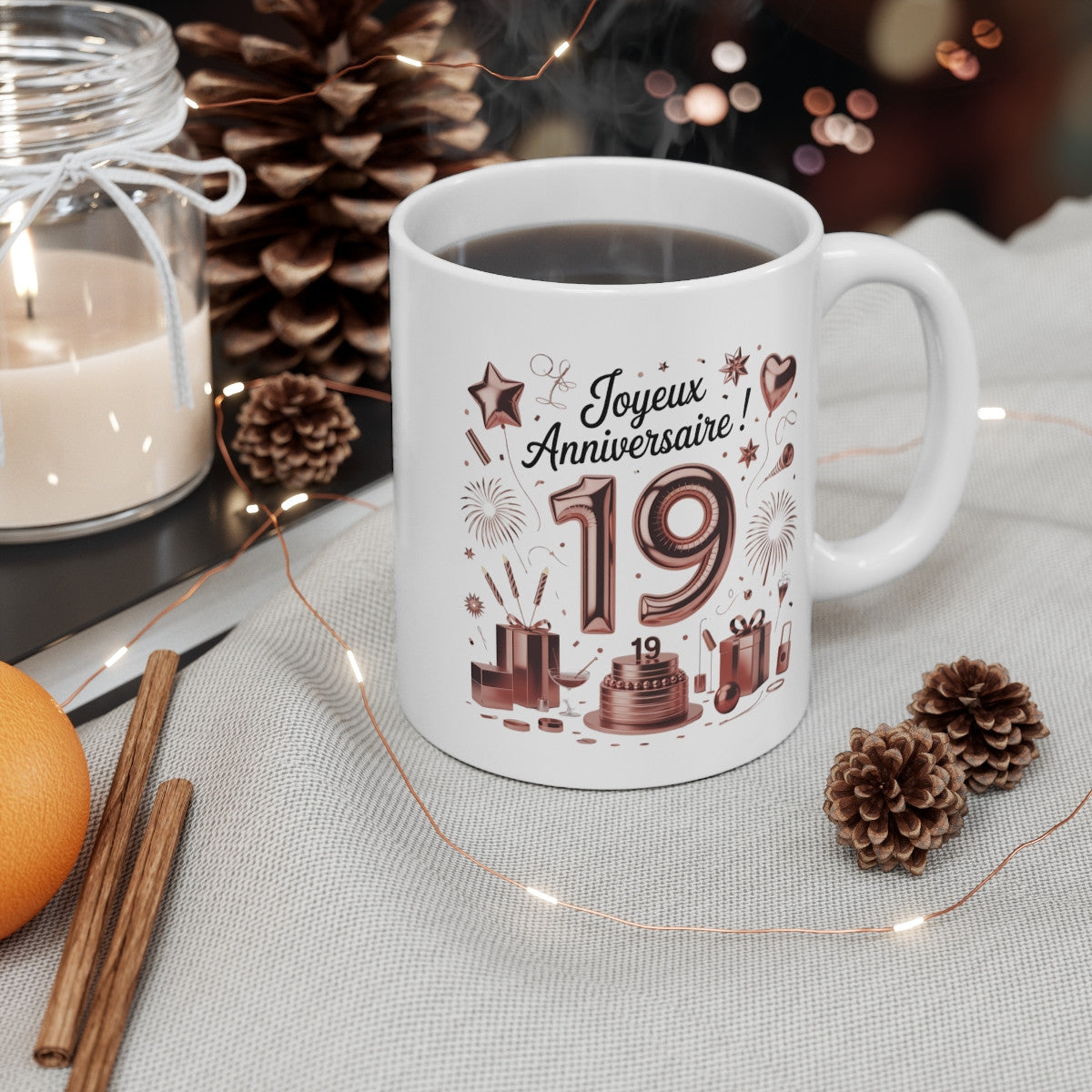 Tasse 19 Ans Joyeux Anniversaire – Mug Rose Gold Élégant – Idée Cadeau Fête Jeune Adulte