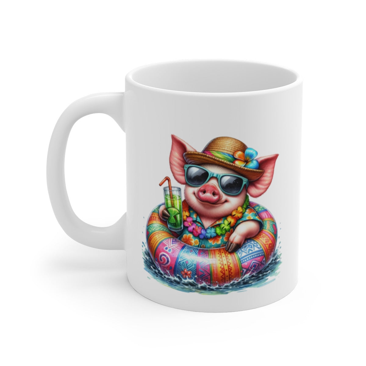 Tasse Cochon en Vacances – Mug Été Tropical avec Bouée et Cocktail – Cadeau Humour Plage Détente
