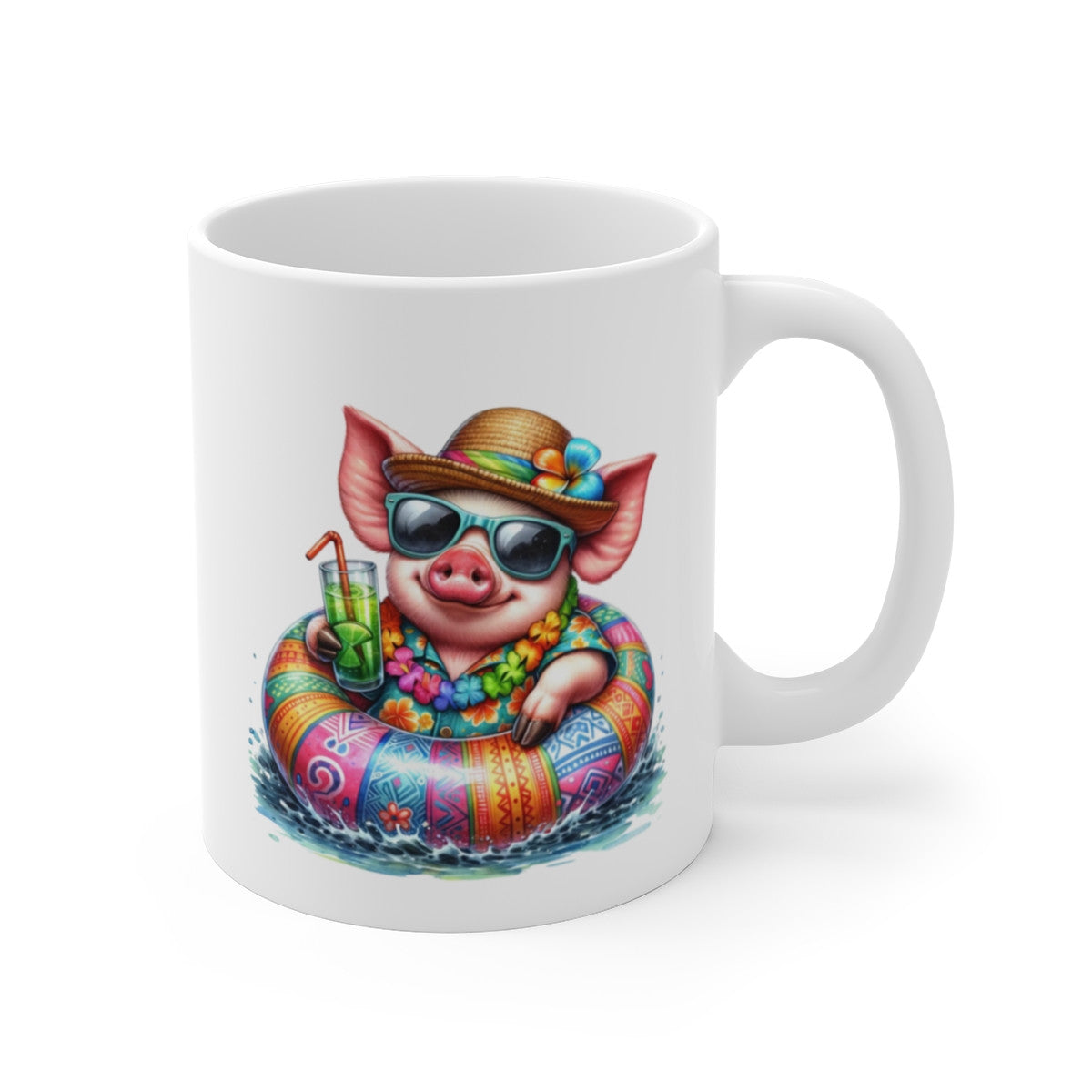 Tasse Cochon en Vacances – Mug Été Tropical avec Bouée et Cocktail – Cadeau Humour Plage Détente
