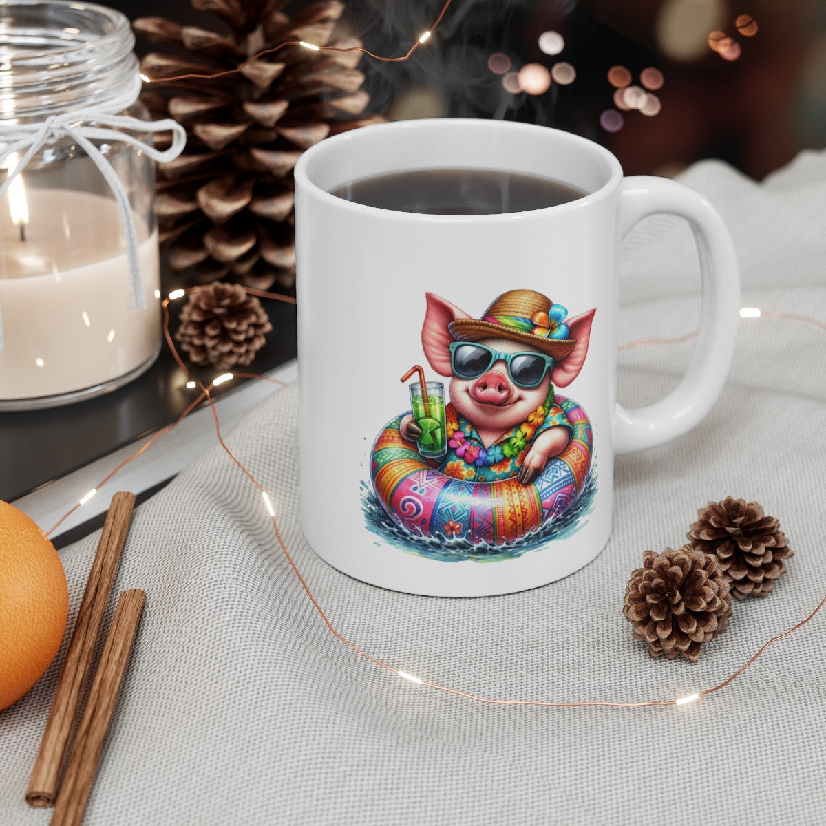 Tasse Cochon en Vacances – Mug Été Tropical avec Bouée et Cocktail – Cadeau Humour Plage Détente