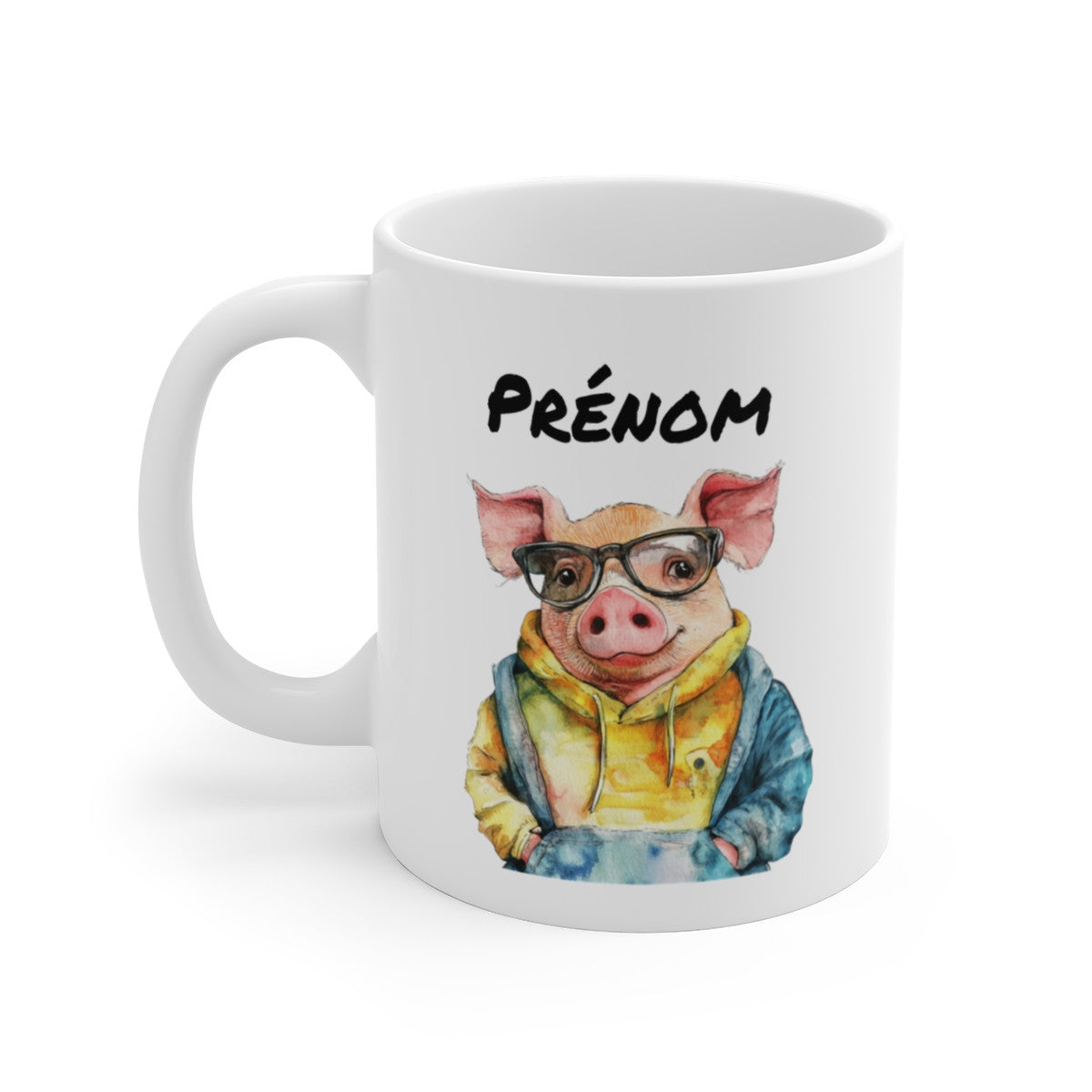 Tasse Cochon Stylé Personnalisée avec Prénom – Mug Animal Hipster en Hoodie – Cadeau Drôle et Moderne