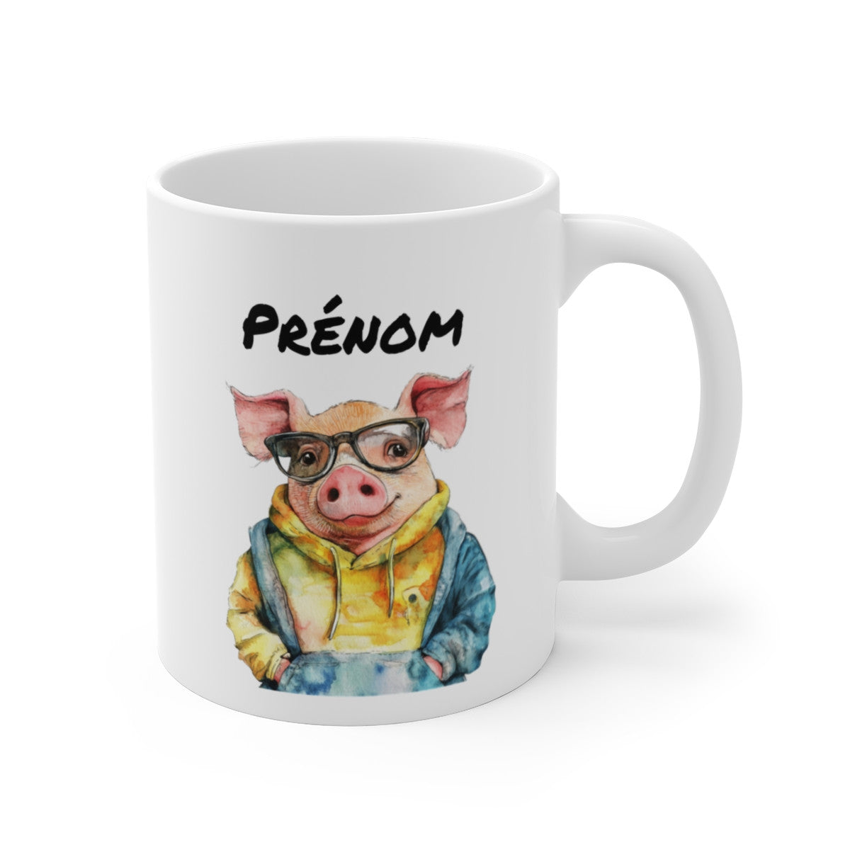 Tasse Cochon Stylé Personnalisée avec Prénom – Mug Animal Hipster en Hoodie – Cadeau Drôle et Moderne