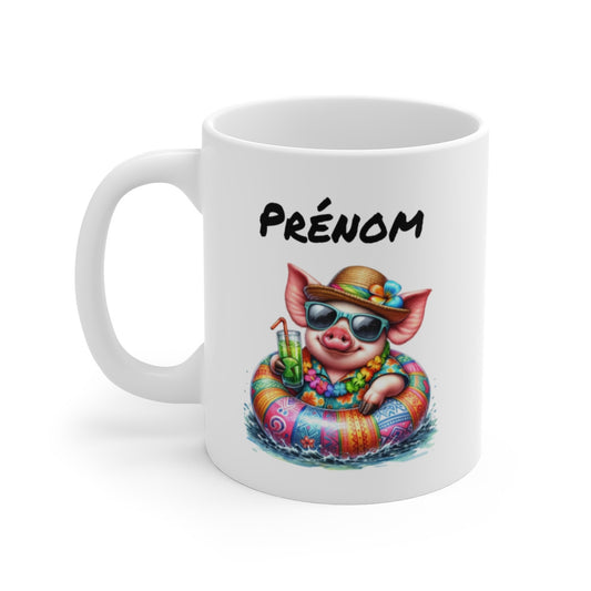 Mug Cochon Vacancier – Tasse Été Tropical avec Cochon en Bouée – Cadeau Fun et Coloré