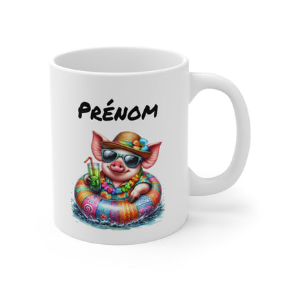 Mug Cochon Vacancier – Tasse Été Tropical avec Cochon en Bouée – Cadeau Fun et Coloré
